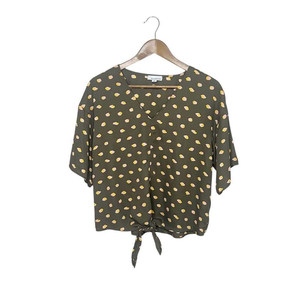 Evereve Allison Joy Olive Polka Dot Paint Splotch Tie-Front Blouse XS V Neck